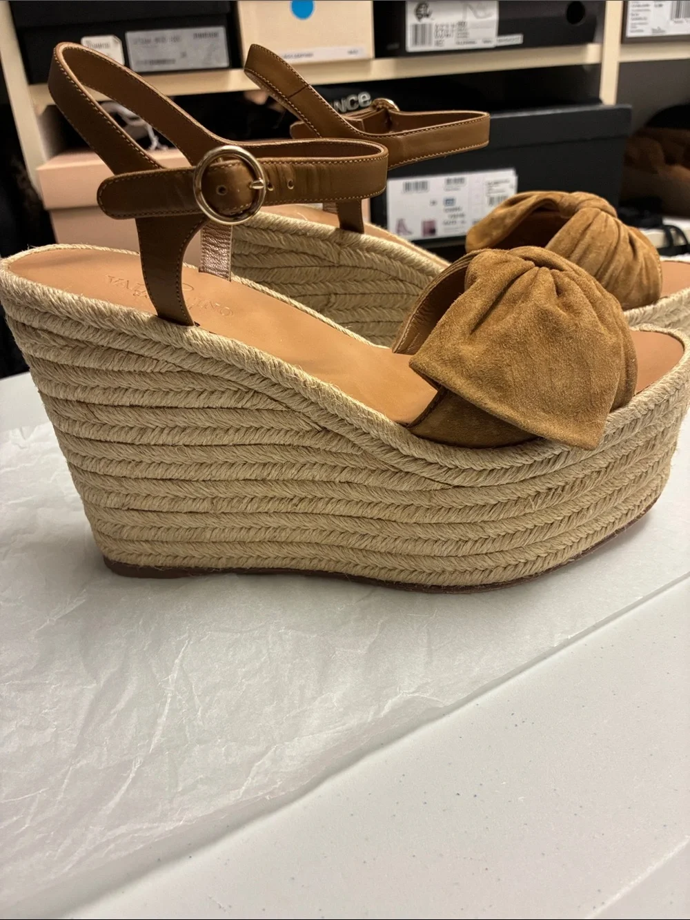 Valentino Garavani Tan Suede Knot Espadrille Wedge Sandals